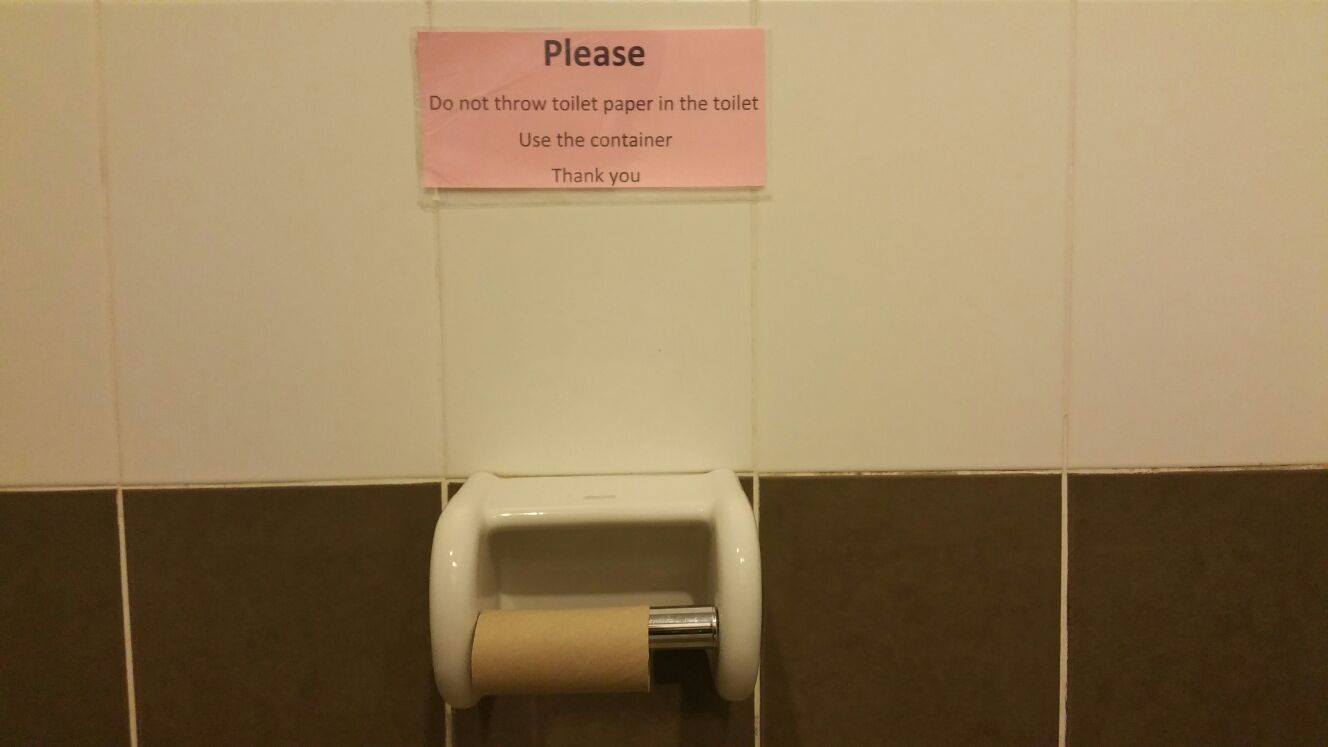 Do not throw toilet paper in the toilet